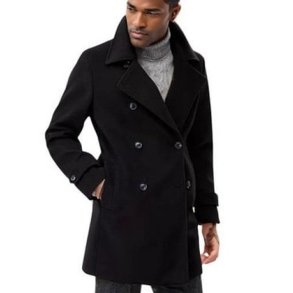 Tommy Hilfiger Mens Wool Peacoat Overcoat 42S Black Double Breasted Jacket NWT